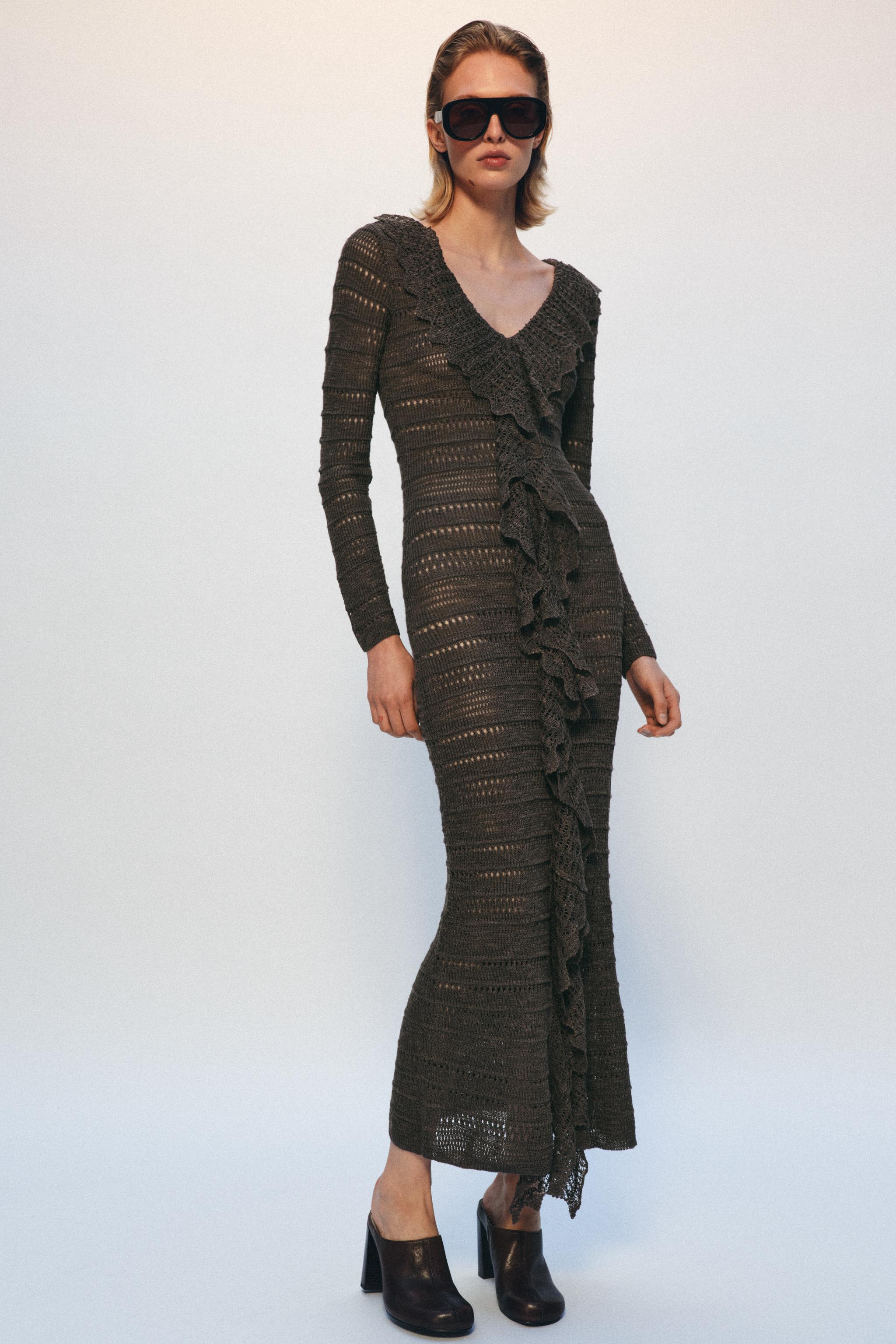 POINTELLE KNIT RUFFLED DRESS